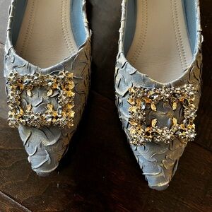 Gold/Gray Iridescent Wrinkled Fabric Pointy Flat Pumps/Square Rhinestone buckle.
